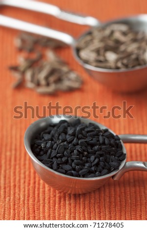 Close up image of measuring spoons with black cumin seeds and orange background.