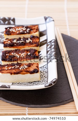 Japanese vegetarian starter made from tofu which is marinated with miso and served with sesame.