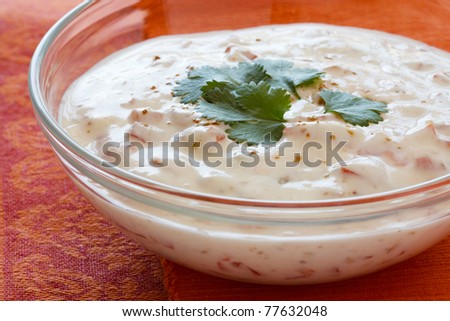 Indian yogurt dip with tomatoes and cilantro which is also called raita.