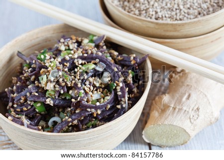 Black rice noodles with sesame, ginger and spring onions.