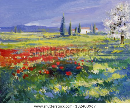 Red Poppies On A Summer Meadow - Oil Paints On Acrylics