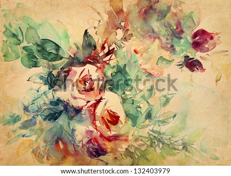 Watercolor Roses Painted On Beige Tone Paper