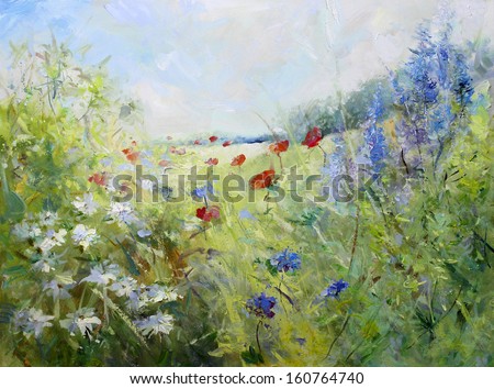 red poppies and white marguerites on a summer meadow - oil paints on acrylics on canvas