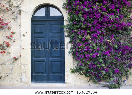 A Mediterranean House In Gozo, Malta With An Old Door And A Tree With Flowers Climbing The Wall