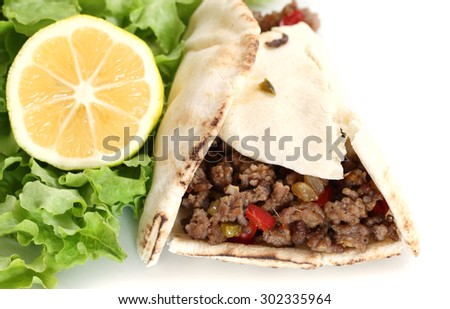 healthy eating: served grilled beef taco with vegetables, salad, lemon and copy space