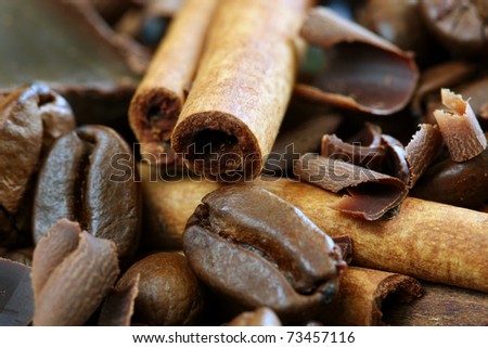 close-up cinnamon stick spices, coffee beans and chocolate