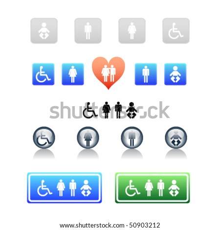 stock vector : restroom icons on different surfaces and a couple in a heart