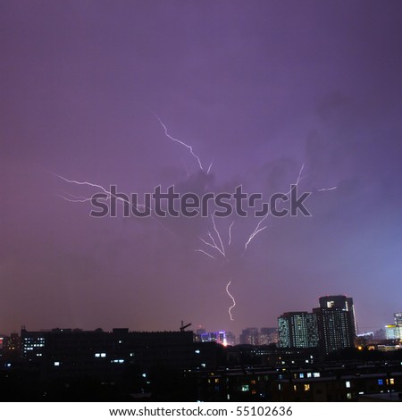 The lightning in the night sky of city