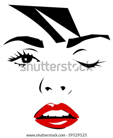 Eyes Lips Face on Beautiful Winking Female Face With Red Lips  Vector Version Is