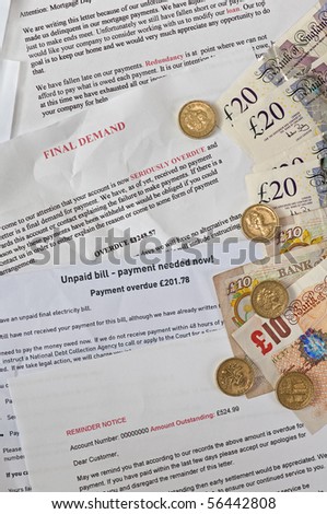 coins and notes to pay bills