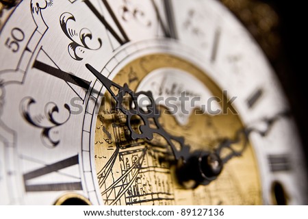 The X hour An old-style pendulum clock face with focus on the hour hand pointing to X or 10