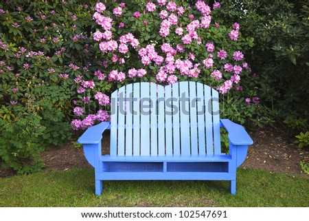 A blue chair in the garden surrounded by nature.
