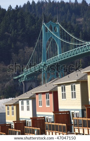 New homes overshadowed by the St. John bridge in St. John town Portland OR.