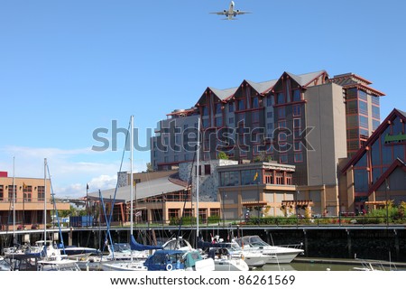 A flight path over River Rock casino Richmond BC Canada.