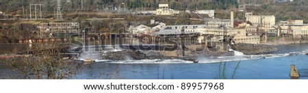 Old industrial complex & waterfall panorama, Oregon city OR.