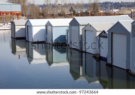 Boat garages with flood control steel beams, Portland OR.