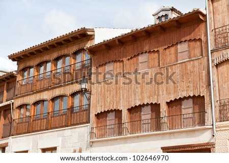 Houses with wooden balconies in the Plaza del Coso, in Penafiel, Valladolid