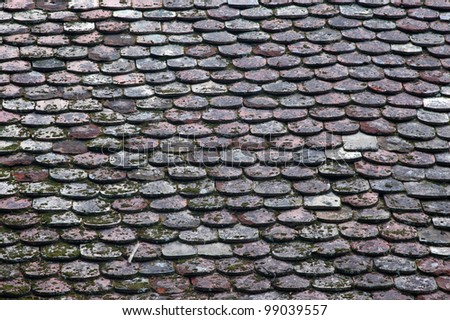 Old brown roof tiles with moss