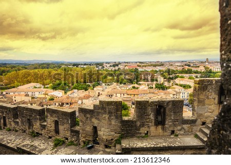 A cityscape view of the old city Carcassone, from the Cité de Carcassonne