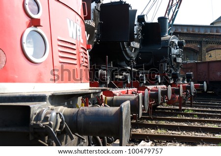 BERLIN - APRIL 14: Steam locomotives and diesel locomotives in a row, Spring Festival, the exhibition in the Rail yard Schoeneweide, April 14, 2012 in Berlin, Germany