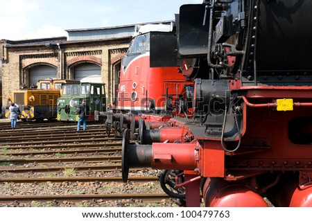 BERLIN - APRIL 14: Steam locomotives and diesel locomotives in a row, Spring Festival, the exhibition in the Rail yard Schoeneweide, April 14, 2012 in Berlin, Germany