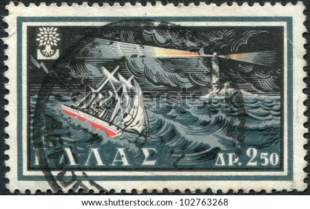 GREECE - CIRCA 1960: Postage stamps printed in Greece, shows Ship Battling Storm, circa 1960