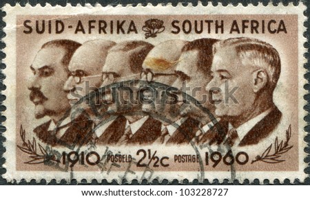 SOUTH AFRICA - CIRCA 1960: A stamp printed in South Africa, is dedicated to the 50th anniversary of the Union, show Prime Ministers Botha, Smuts, Hertzog, Malan, Strydom and Verwoerd, circa 1960