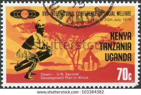 EAST AFRICAN COMMUNITY - CIRCA 1974: A stamp printed in East African Community, dedicated to the International Conference on Social Welfare, shows a drummer and a sunset, circa 1974