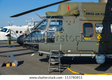 BERLIN - SEPTEMBER 14: Military helicopter Aerospatiale AS332 M1 Super Puma (Swiss Air Force), International Aerospace Exhibition 