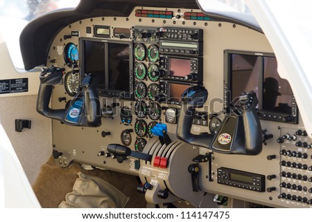 BERLIN - SEPTEMBER 14: The dashboard light civil aircraft Piper PA-34-220T Seneca V, International Aerospace Exhibition \