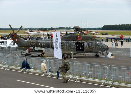 BERLIN - SEPTEMBER 14: Military helicopter Aerospatiale AS332 M1 Super Puma (Swiss Air Force), International Aerospace Exhibition 