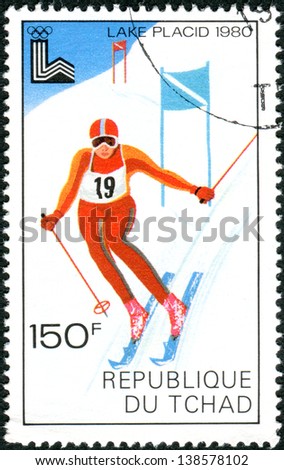 CHAD - CIRCA 1979: A stamp printed in Chad, devoted Winter Olympic Games in Lake Placid, shows Giant slalom, circa 1979