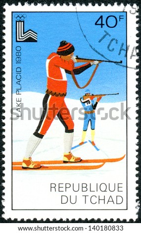 CHAD - CIRCA 1979: A postage stamp printed in Chad, devoted Winter Olympic Games in Lake Placid, shows biathlon, circa 1979
