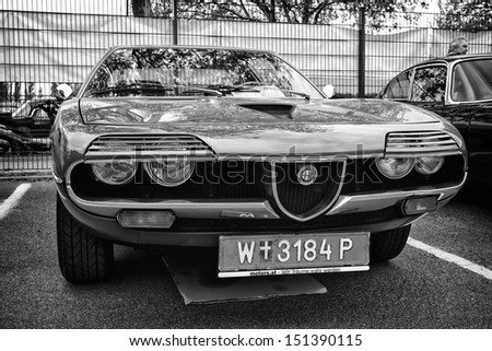 BERLIN - MAY 11: Sport car Alfa Romeo Montreal, front view (black and white), 26th Oldtimer-Tage Berlin-Brandenburg, May 11, 2013 Berlin, Germany