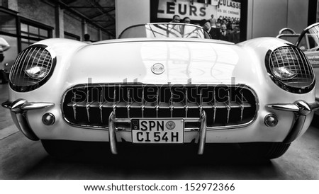 BERLIN - MAY 11: Sport car Chevrolet Corvette (C1), 1954, black and white, 26th Oldtimer-Tage Berlin-Brandenburg, May 11, 2013 Berlin, Germany