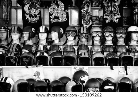 BERLIN - MAY 11: Selling a variety of motorcycle helmets (black and white), 26th Oldtimer-Tage Berlin-Brandenburg, May 11, 2013 Berlin, Germany
