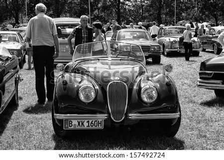 PAAREN IM GLIEN, GERMANY - MAY 19: A sports car Jaguar XK120, black and white, \