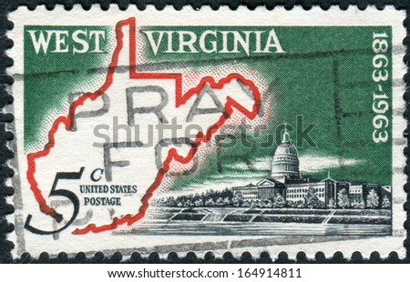 USA - CIRCA 1963: A postage stamp printed in the USA, is dedicated to West Virginia Statehood Centenary, shows Map of West Virginia & State Capitol, circa 1963