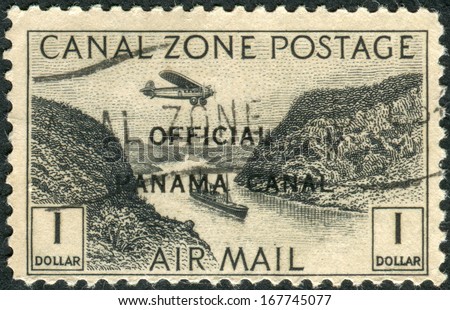 PANAMA CANAL ZONE - CIRCA 1931: Postage stamp printed in Panama Canal Zone (overprint), shows artificial valley Culebra Cut, circa 1931