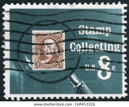 USA - CIRCA 1972: A postage stamp printed in USA, Stamp Collecting Issue, shows US No. 1 Under Magnifying Glass, circa 1972