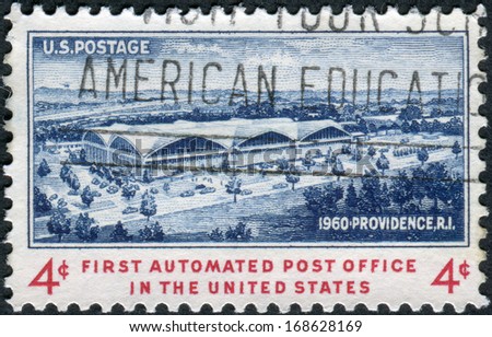 USA - CIRCA 1960: Postage stamp printed in USA, dedicated to the Opening of the 1st automated Post Office in the US, shows Architect\'s Sketch of New Post Office, Providence, RI, circa 1960