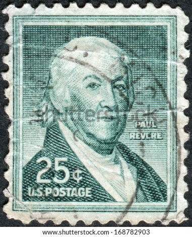 USA - CIRCA 1958: Postage stamp printed in USA, shows a portrait of American silversmith, early industrialist, and a patriot in the American Revolution, Paul Revere, circa 1958