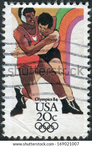 USA - CIRCA 1984: A postage stamp printed in USA, devoted Summer Olympic Games in Los Angeles, shows Wrestling, circa 1984