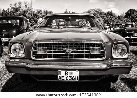 PAAREN IM GLIEN, GERMANY - MAY 19: Pony car Ford Mustang (second generation), black and white, The oldtimer show in MAFZ, May 19, 2013 in Paaren im Glien, Germany