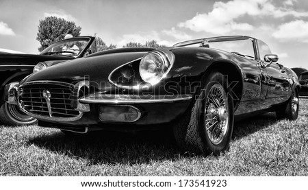 Paaren Im Glien, Germany - May 19: A Sports Car Jaguar E-Type S3 V12 Engine, Black And White, The Oldtimer Show In Mafz, May 19, 2013 In Paaren Im Glien, Germany