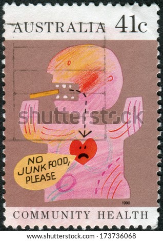 AUSTRALIA - CIRCA 1990: Postage stamp printed in Australia, Community health, shows a child\'s drawing, Eat right, circa 1990