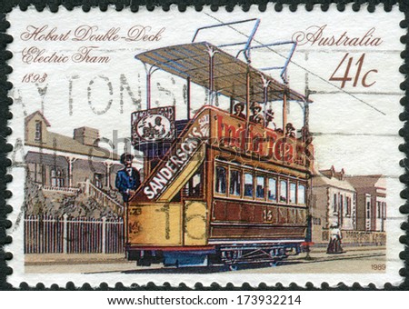 AUSTRALIA - CIRCA 1989: Postage stamp printed in Australia shows Hobart Double-deck electric tram (1893), circa 1989