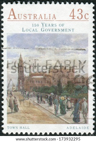 AUSTRALIA - CIRCA 1990: Postage stamp printed in Australia, dedicated to the 150th anniversary of the Local Government in Australia, shows the Town Hall, Adelaide, circa 1990