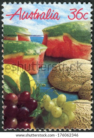 AUSTRALIA - CIRCA 1987: Postage stamp printed in Australia, shows a variety of fruits in the form of the natural landscape, circa 1987