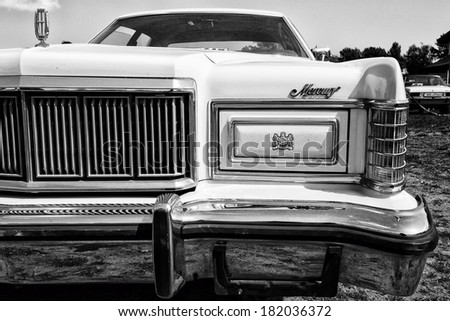 PAAREN IM GLIEN, GERMANY - MAY 19: Detail of the full-size car Mercury Grand Marquis, black and white, \